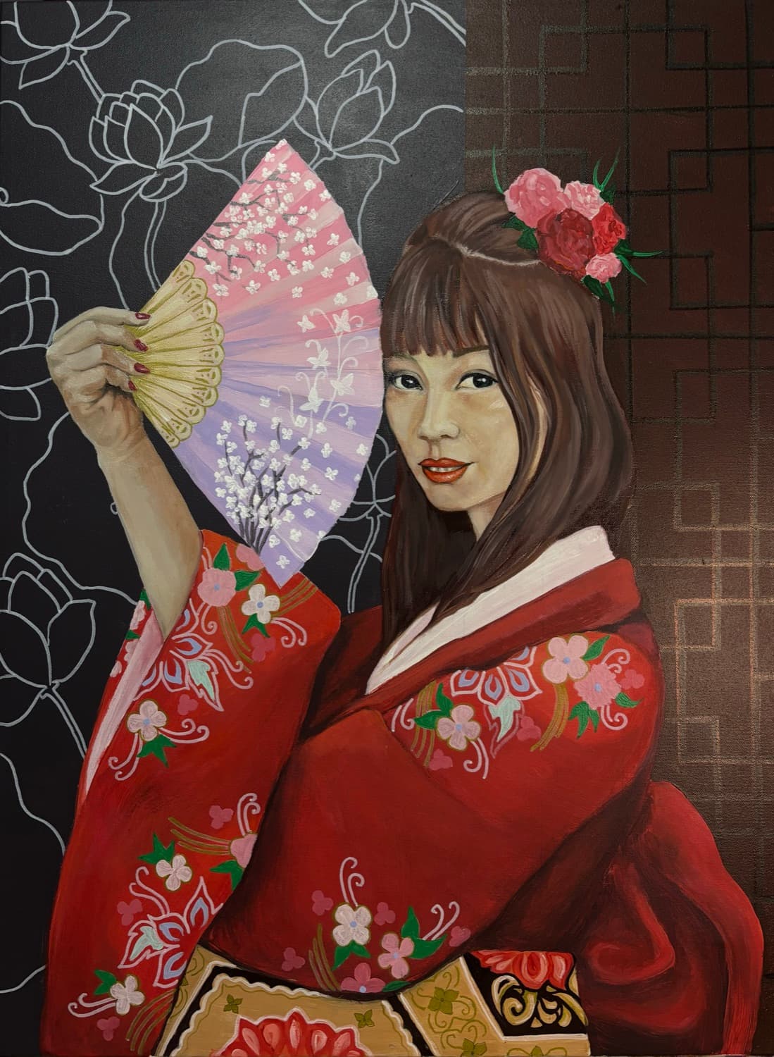 Painting of a woman in a red kimono holding a folding fan