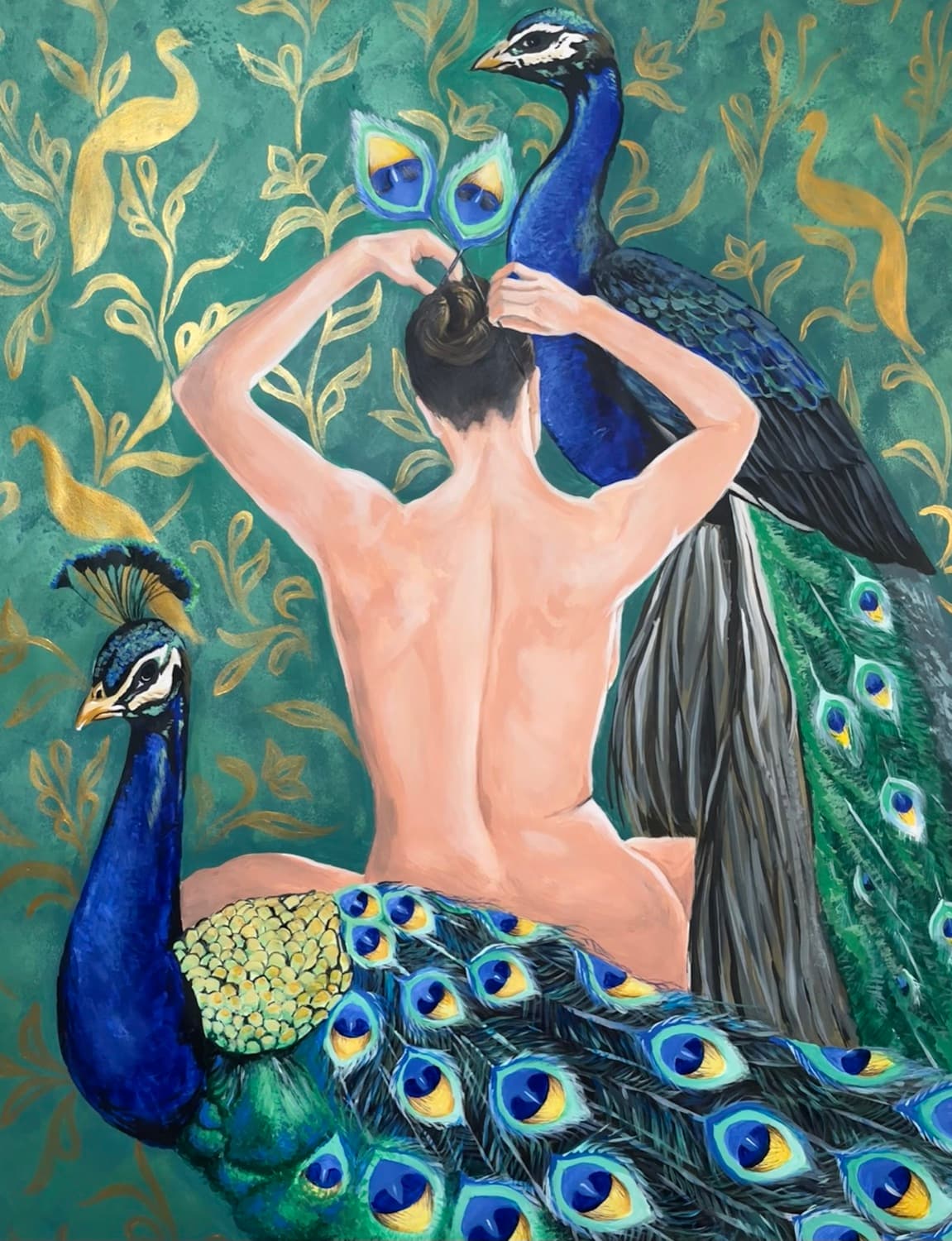 Painting of a figure surrounded by peacocks
