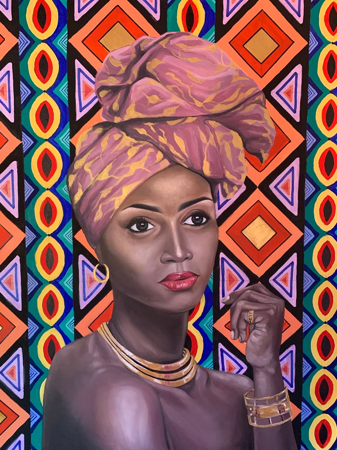 Painting of a woman wearing a patterned headwrap