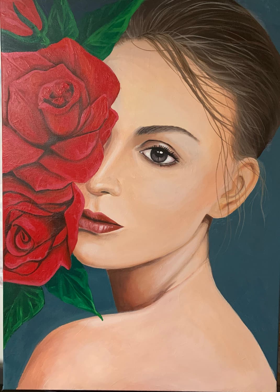 Painting of a woman beside red roses