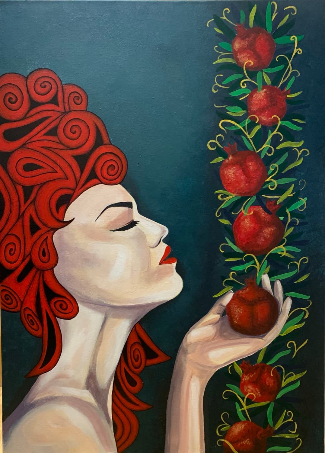 Painting of a red-haired woman reaching for pomegranates