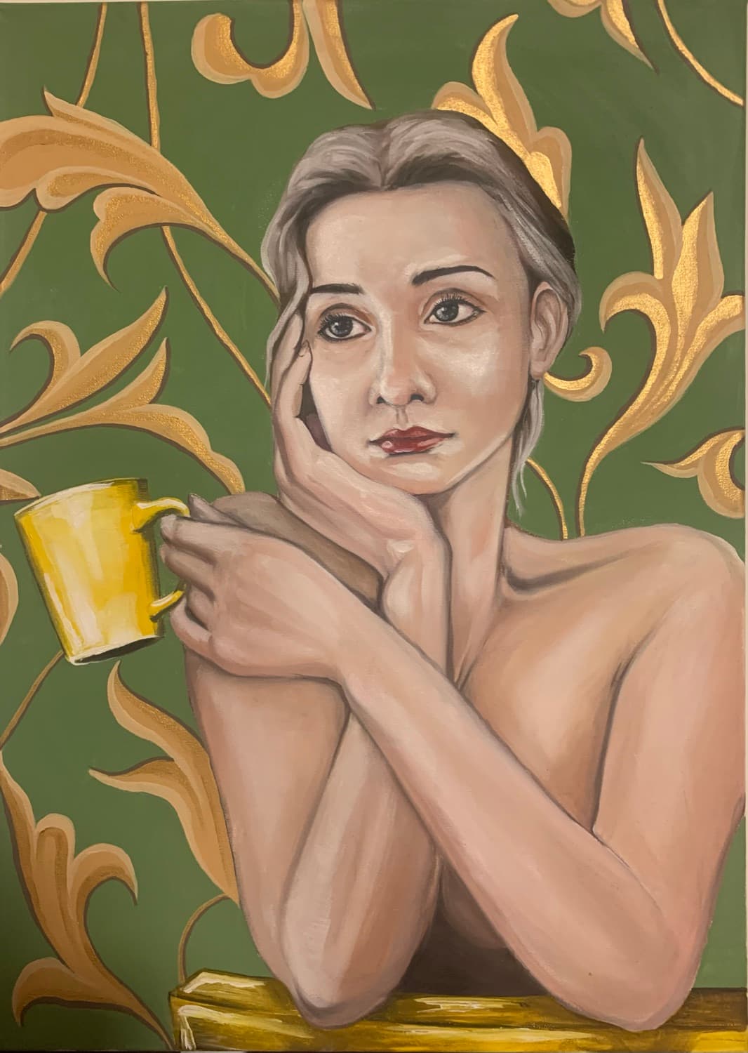 Painting of a woman holding a yellow cup before gilded foliage