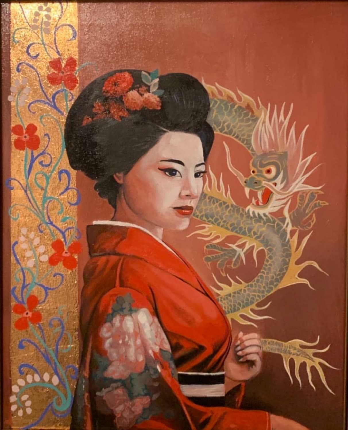 Painting of a woman in a red kimono before a golden dragon