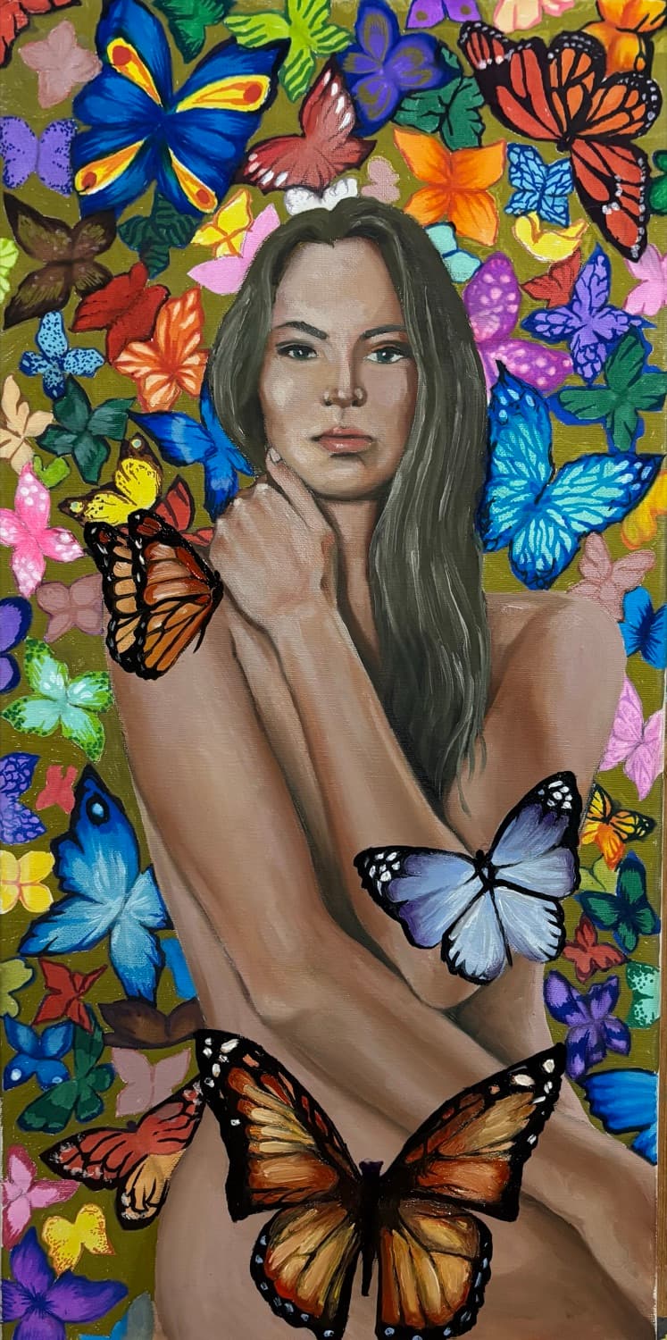 Painting of a figure amid a swarm of butterflies